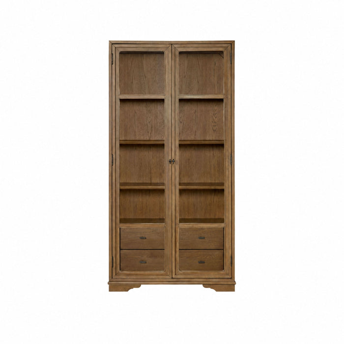 Tall Display Cabinet With Glass Doors And Drawers - Almond