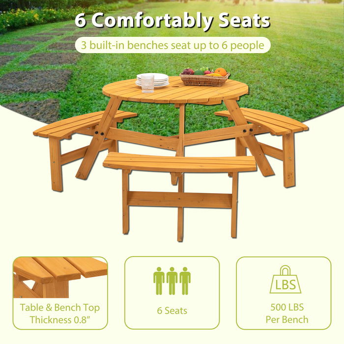 Giga 6-person outdoor wooden picnic table with built-in benches, suitable for patio, backyard, or garden gatherings.