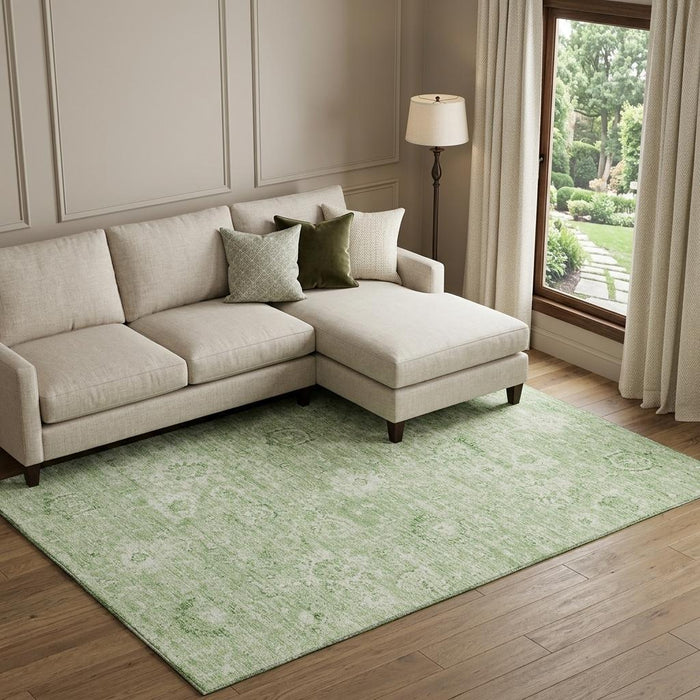 10' X 14' Damask Washable Area Rug With UV Protection (684052) - Artichoke Green / Ivory