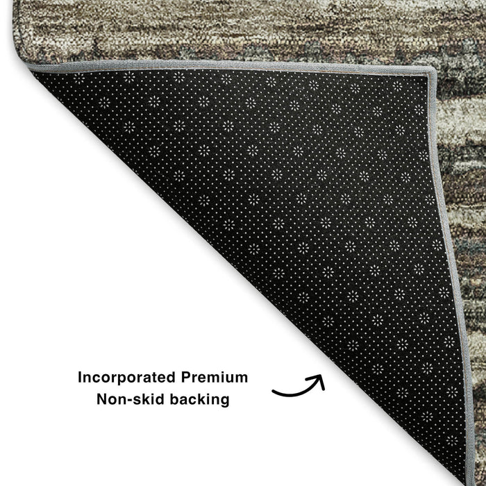 8' Striped Washable Round Rug With UV Protection (650977) - Brown / Gray / Ivory