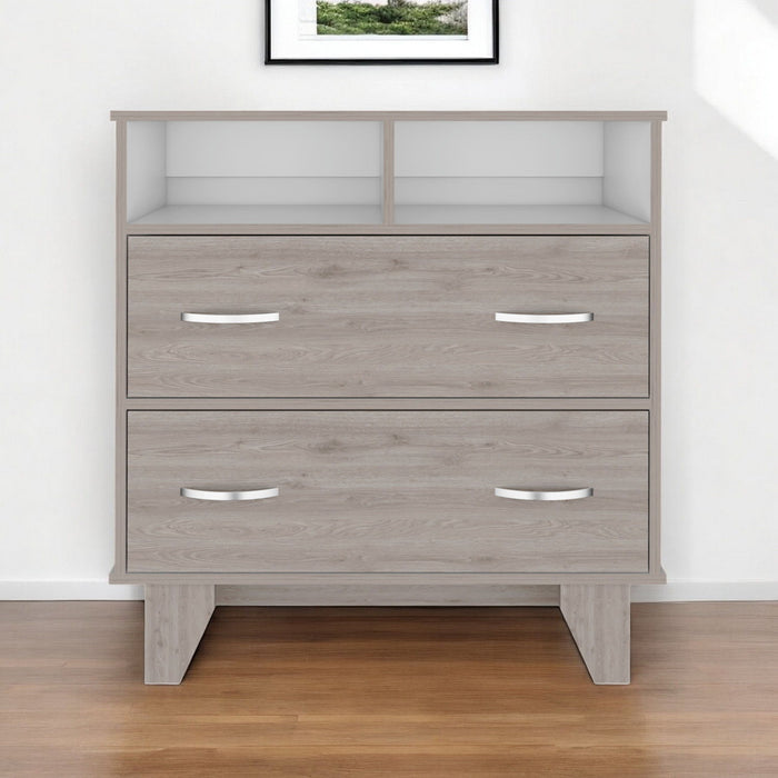 Two Drawer Dresser With Open Shelving - Light Gray