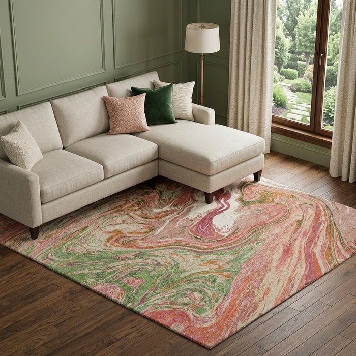 10' X 14' Abstract Washable Area Rug With UV Protection (683105) - Coral / Green / Peach