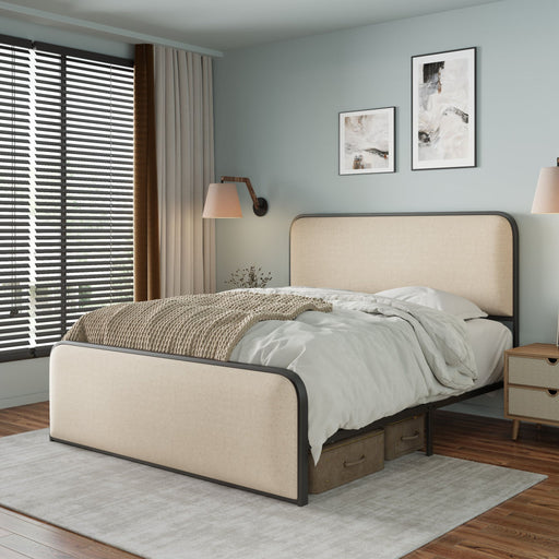 Giga modern storage bed with curved upholstered headboard and footboard, featuring heavy-duty metal slats for support.