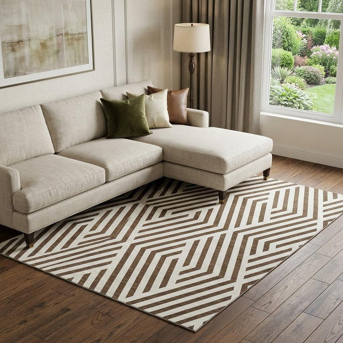 8' X 10' Geometric Washable Area Rug With UV Protection (648524) - Brown / Ivory