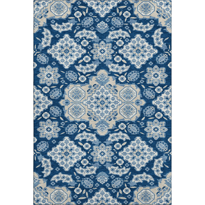 10' X 14' Floral Medallion Washable Area Rug With UV Protection (705857) - Navy Blue / Ivory