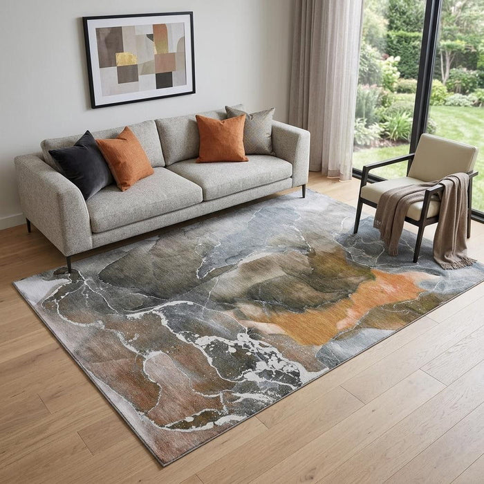5' X 8' Abstract Washable Area Rug With UV Protection (646688) - Orange / Charcoal