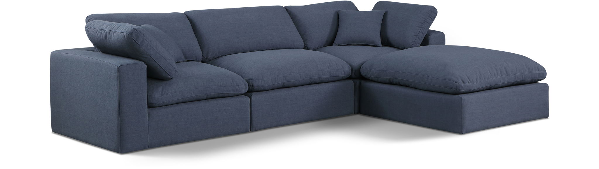 Meridian Furniture Comfy 4-piece linen fabric modular sectional with chaise, featuring plush cushions and a contemporary design.