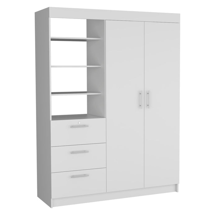 White 79-inch wood wardrobe with two doors and three drawers, HomeRoots dresser for bedroom storage and organization.