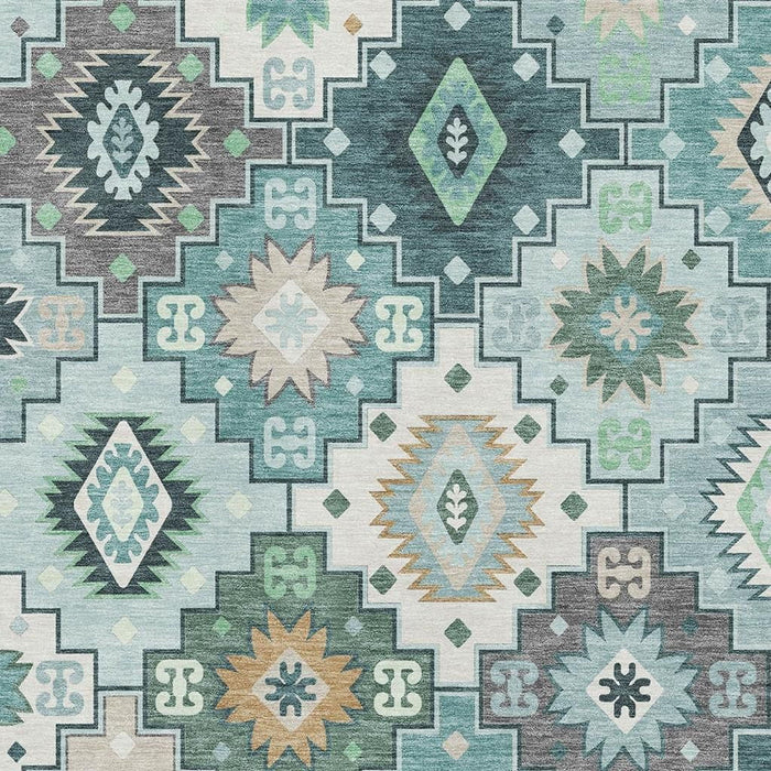 10' X 14' Geometric Washable Area Rug With UV Protection (718671) - Teal / Ivory