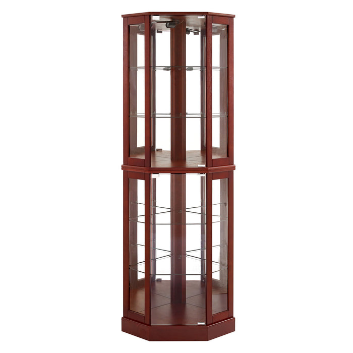 Giga six-shelf corner curio display cabinet with glass doors, mirrors, adjustable shelves, and integrated lighting.