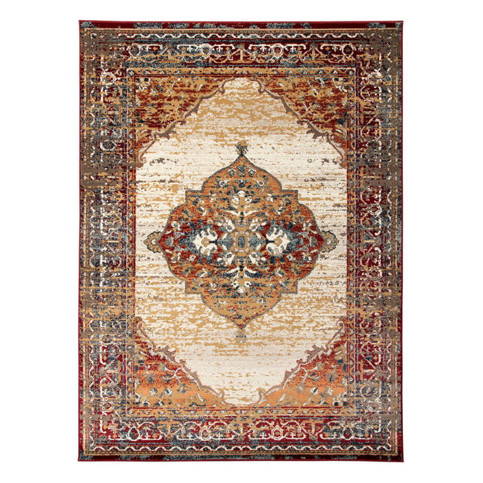 9' x 12' Medallion Power Loom Area Rug - Ivory Red And Orange