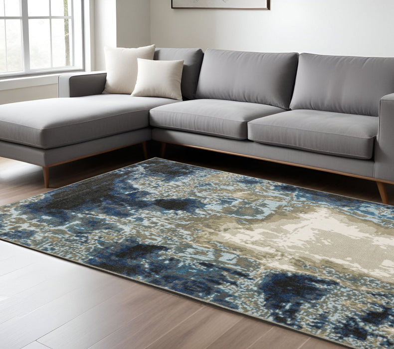 8' x 10' Abstract Power Loom Stain Resistant Area Rug - Blue Gray Charcoal And Beige