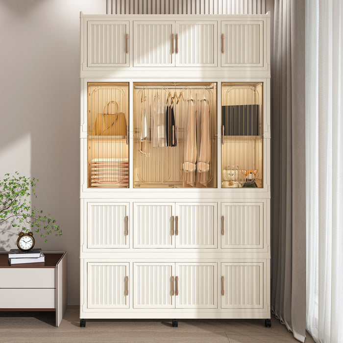Creamy white Giga portable wardrobe closet with 17 magnetic doors, 17 storage cubes, hanging rod, and 6 hangers inside.