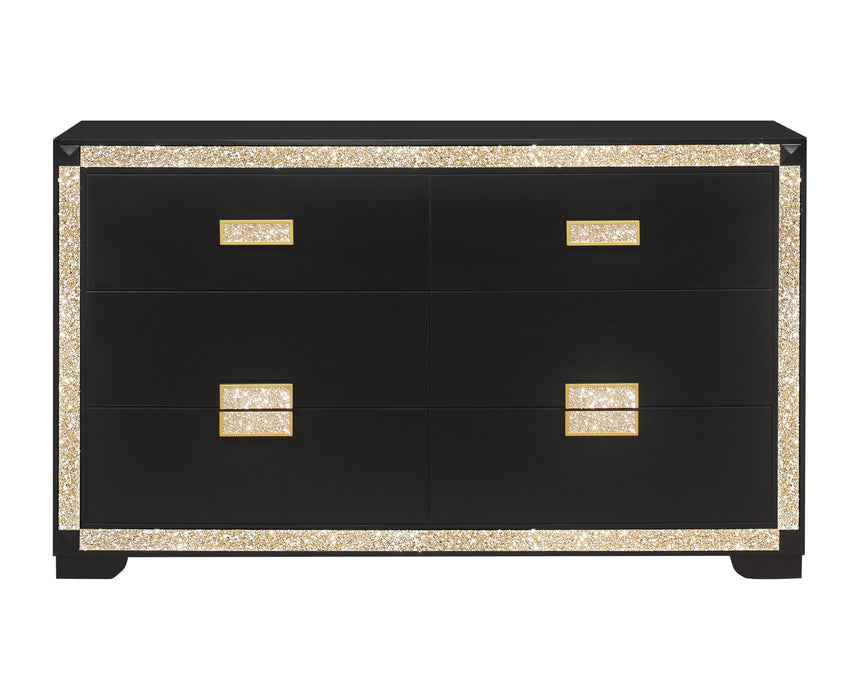 62" Faux Crystal Bling Wood Six Drawer Double Dresser - Black And Gold