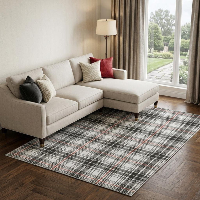 10' X 14' Plaid Washable Area Rug With UV Protection (678215) - Black / Red / Ivory