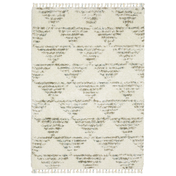 8' X 11' Geometric Shag Area Rug With Fringe - Ivory And Green
