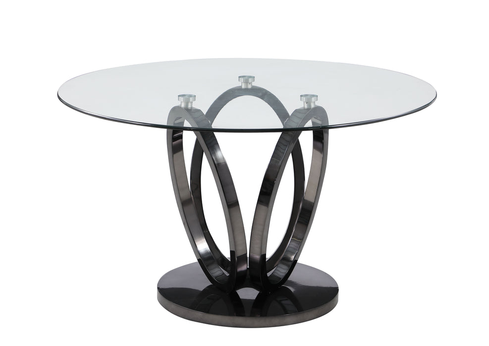 Evelyn contemporary glass top dining table by Chintaly with 51-inch round surface and triple ring steel base in graphite finish.