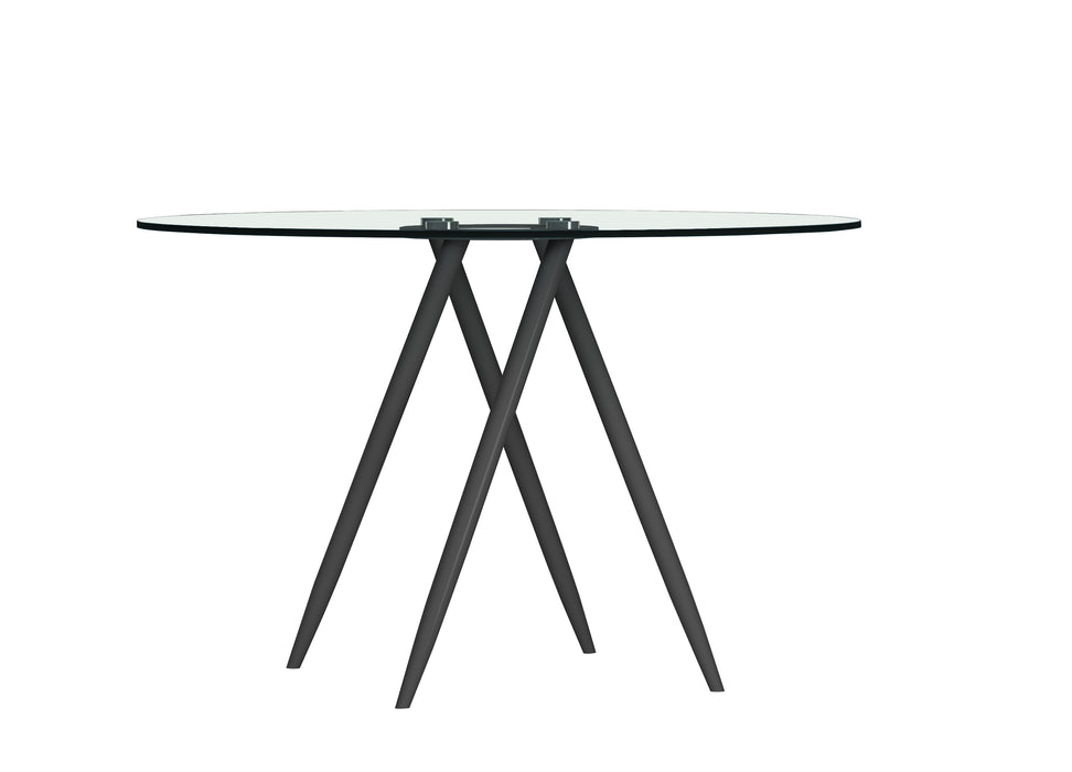 Chintaly BEATRIZ-BLK Round Glass Top Dining Table w/ Crisscross Four-legged Steel Base