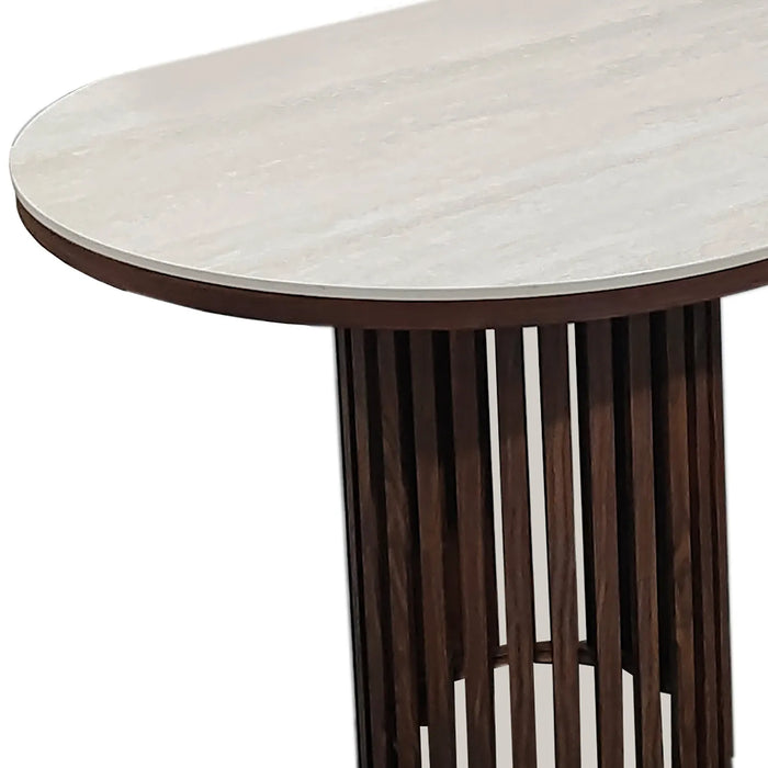 Chintaly Aurora 5-piece oval dining set with ceramic top and double pedestal steel base in matte beige and walnut finish