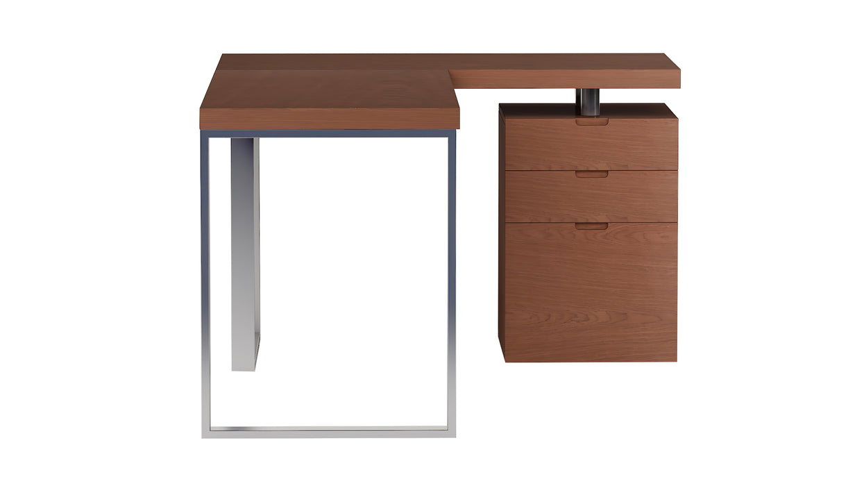 Reversible wooden home office desk with walnut veneer, three-drawer cabinet, polished stainless steel legs by Chintaly.