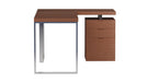 Reversible wooden home office desk with walnut veneer, three-drawer cabinet, polished stainless steel legs by Chintaly.