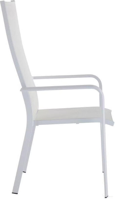 Pair of Chintaly Malibu high back outdoor chairs with white mesh sling seats and aluminum frames, set of two for patio lounging
