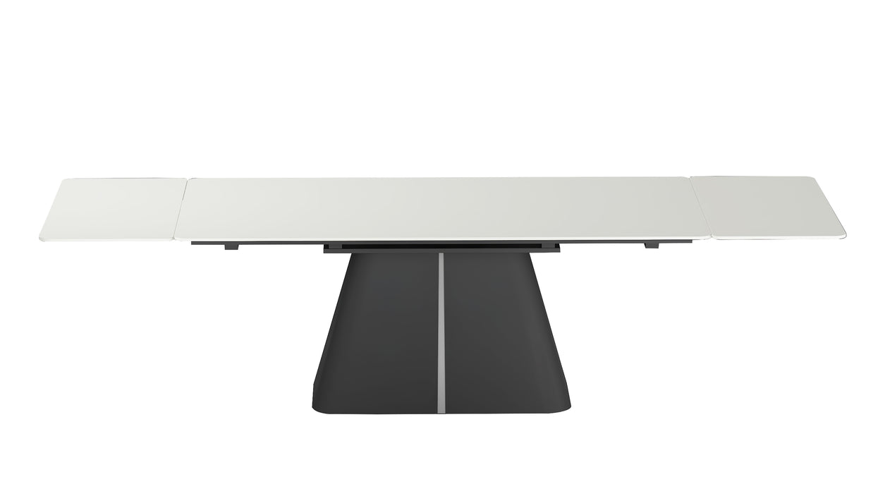 MABEL Contemporary Extendable Dining Table | Matte White Ceramic Top with Matte Black & Stainless Steel Base