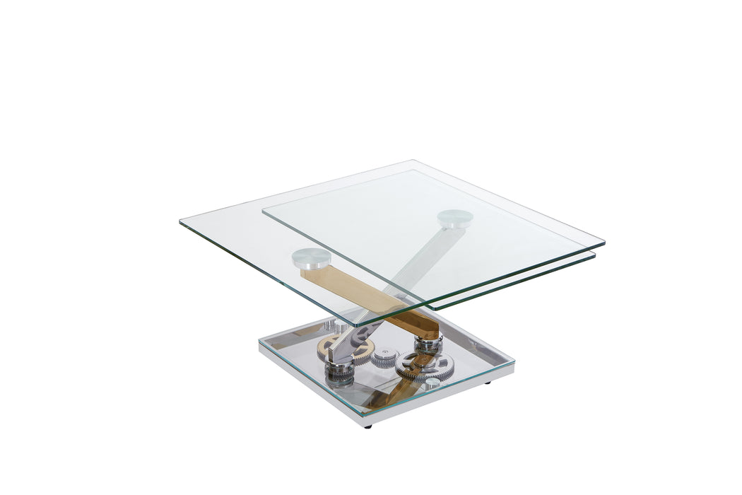 Contemporary Motion-Extendable Glass Top Cocktail Table | Clear Glass with Polished SS & Brass