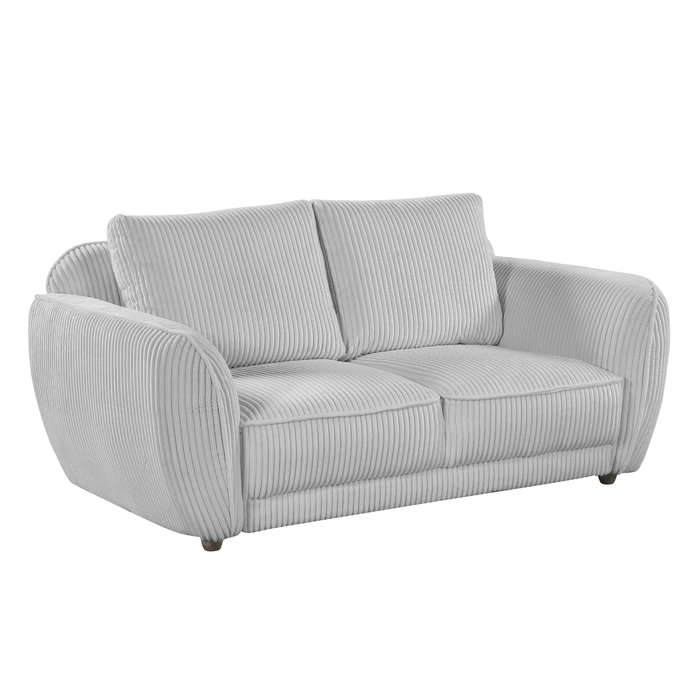 Gray fabric Charleston modern loveseat by Chintaly with channel tufting and gray wooden legs, stylish and comfortable seating.
