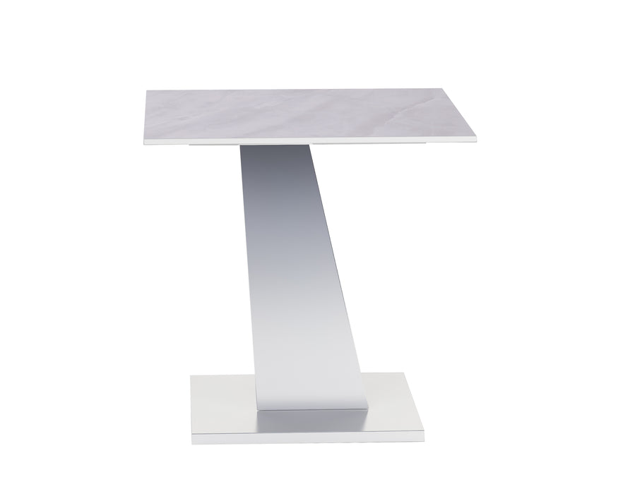 Contemporary white sintered stone top end table with polished steel base by Chintaly, modern design for living room decor