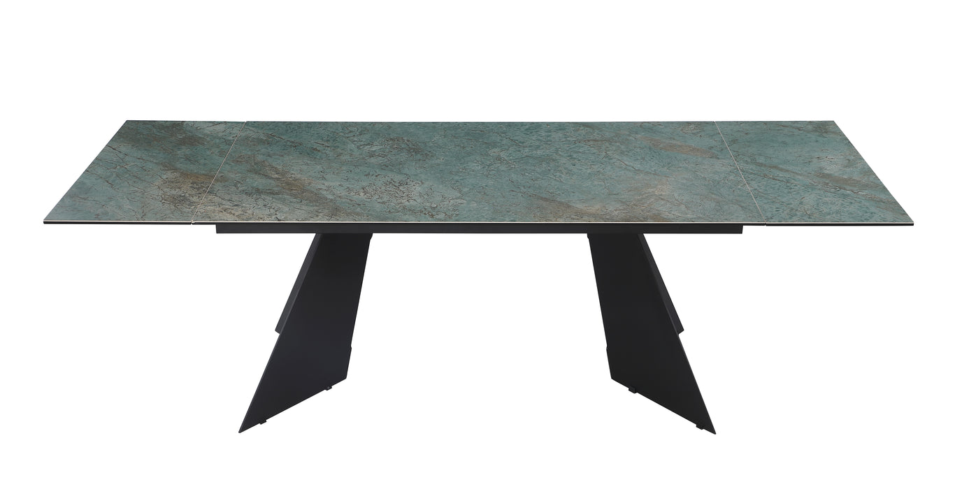 Contemporary Chintaly Helen extendable dining table with ceramic and glass top, matte black steel base, extends from 63 to 94 inches.