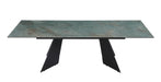 Contemporary Chintaly Helen extendable dining table with ceramic and glass top, matte black steel base, extends from 63 to 94 inches.