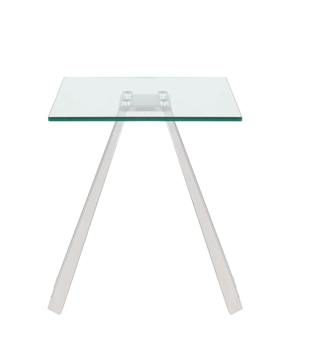 Contemporary 20-inch glass lamp table with clear glass top and stainless steel flare pyramid base, modern end table design.