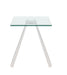 Contemporary 20-inch glass lamp table with clear glass top and stainless steel flare pyramid base, modern end table design.
