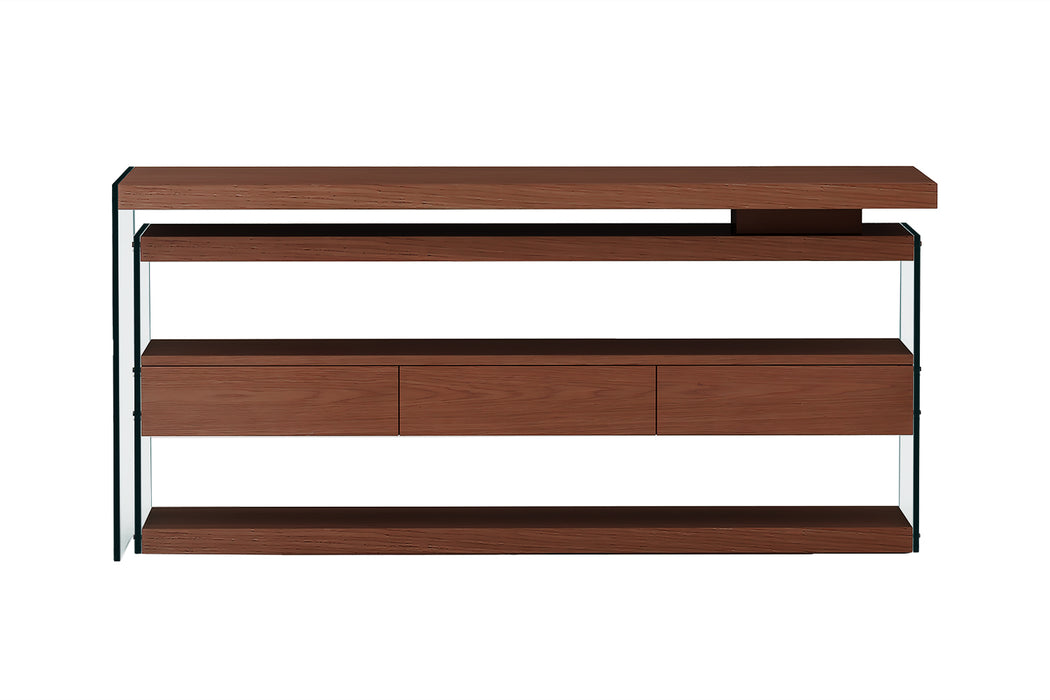 Reversible walnut wooden office desk with glass panels, drawers, and shelves, featuring rotatable design by Chintaly.
