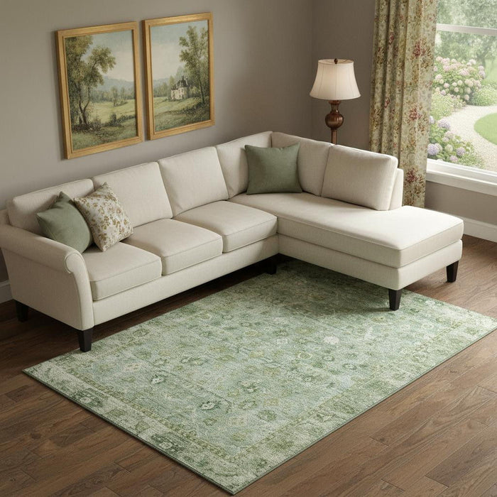 10' X 14' Oriental Washable Area Rug With UV Protection (700877) - Artichoke Green / Ivory