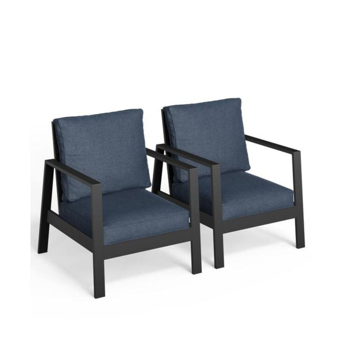 Set of two Giga all-weather ergonomic patio armchairs with thick cushions, ideal for outdoor relaxation and comfort.