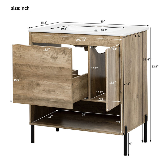 Giga bathroom vanity cabinet with sink, sliding drawer, soft closing door, open shelf, made of natural wood.