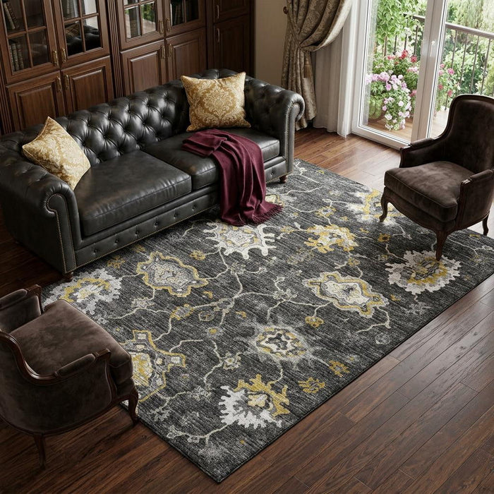 10' X 14' Floral Medallion Distressed Washable Area Rug With UV Protection (644616) - Graphite / Ivory / Gold