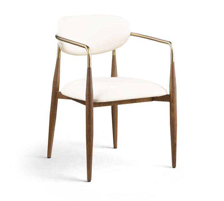 Vegan leather upholstered dining arm chair with walnut wood legs, Meridian Furniture style, modern and comfortable seating.