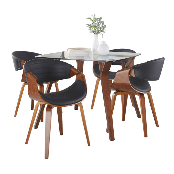 Folia - Symphony 5 Piece Square Dining Set - Clear Glass, Walnut Wood, Black Faux Leather
