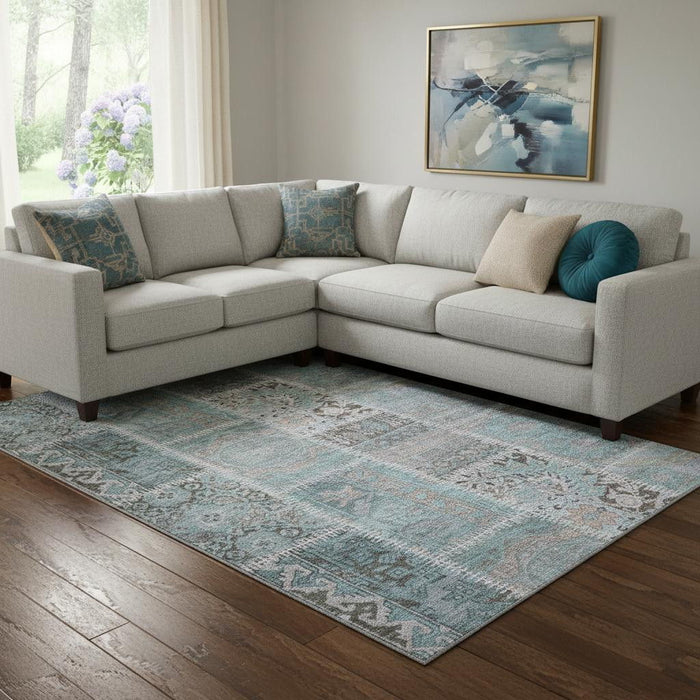 10' X 14' Patchwork Washable Area Rug With UV Protection (653260) - Teal / Beige