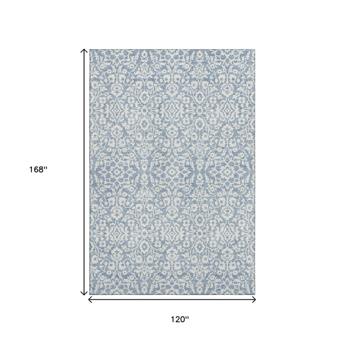 10' X 14' Damask Washable Area Rug With UV Protection (673115) - Denim Blue / Ivory