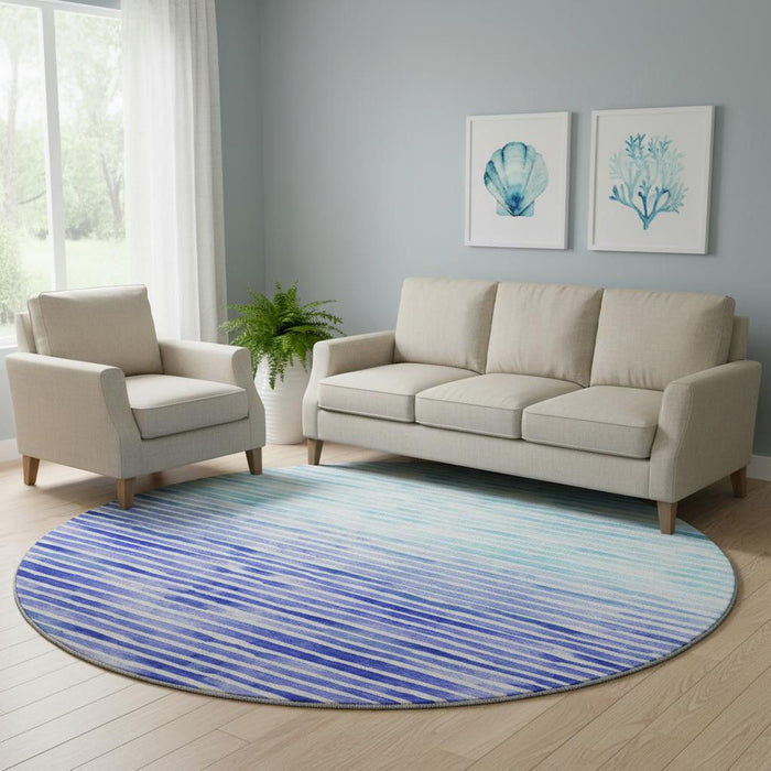 8' Geometric Washable Round Rug With UV Protection (645879) - Blue / Ivory