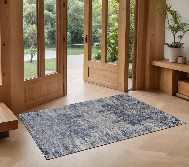 3' x 5' Abstract Hand Woven Worn Faded Area Rug - Blue And Ivory
