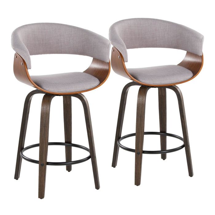 Vintage Mod - 26" Fixed-Height Counter Stool With Swivel (Set of 2) - Walnut Glazed Wood And Stone Fabric With Walnut Wood Accents And Round Black Metal Footrest