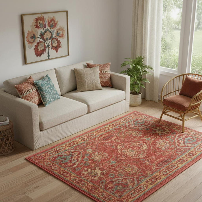 5' X 7' Floral Distressed Non Skid Area Rug (551013) - Brick Red / Tan