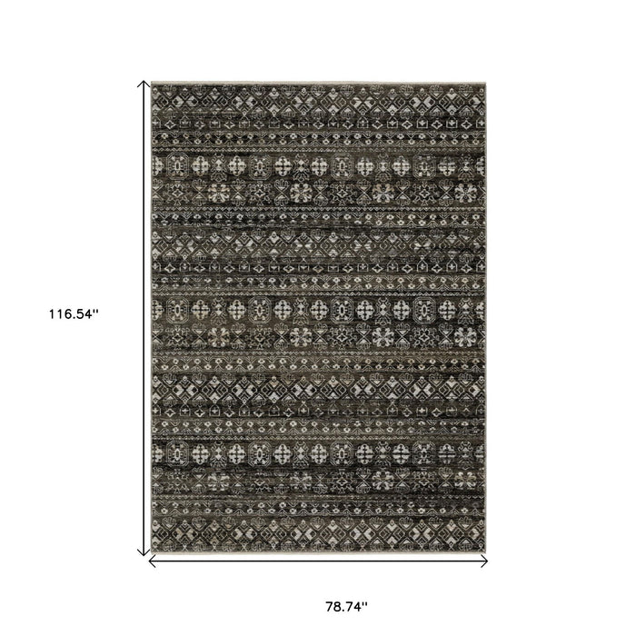 7' X 10' Tribal Area Rug With Fringe - Black And Gray