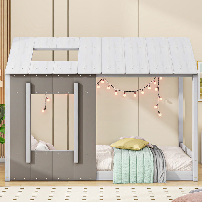 Twin size Giga house platform bed with roof and window, featuring natural wood finish and white accents, ideal for children's bedroom.