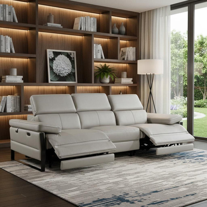 Top Grain Leather Reclining Metal USB Sofa (720325) - Light Gray